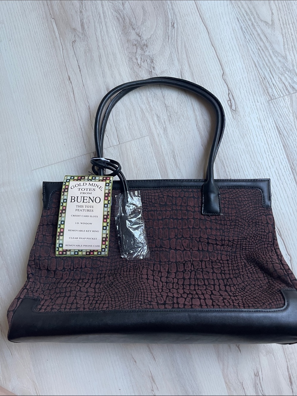 Bueno Brown Croc-Embossed Tote with Black Trim